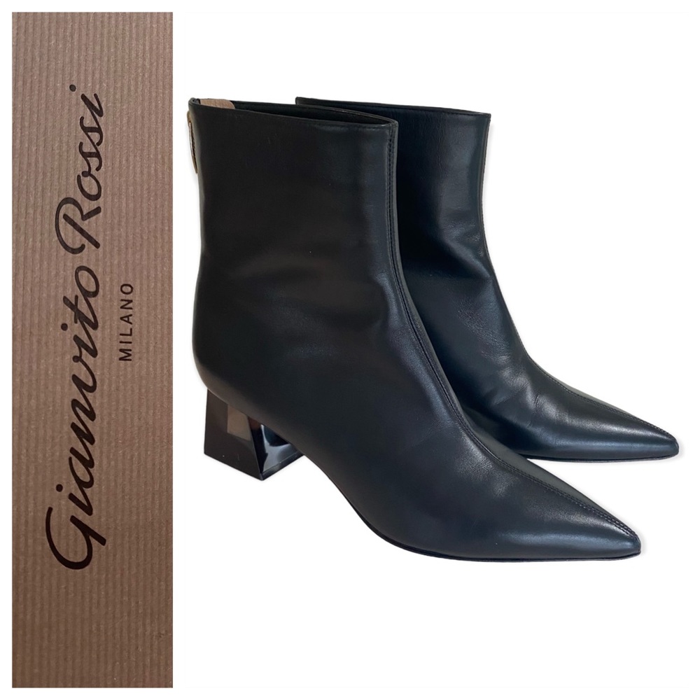 Gianvito Rossi Pointed Toe Black Leather Transparent Heel Booties Size 39